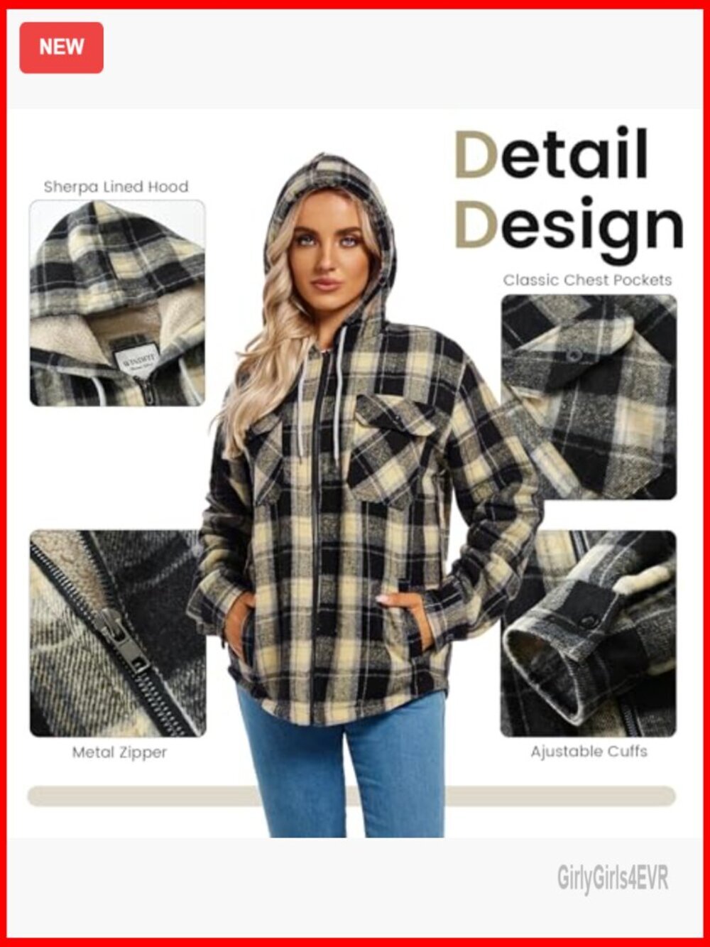 Sherpa Lined Fleece Jacket Full Zip Plaid Hooded Casual Winter - Picture 5 of 7
